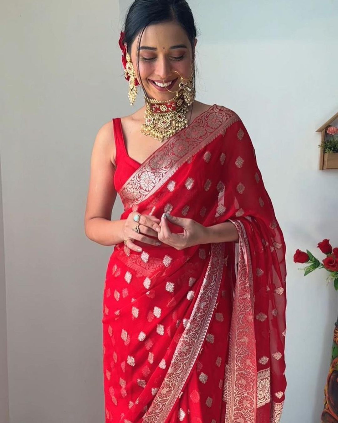 Scarlet Red Banarasi Saree with Zari Buttas and Floral Border