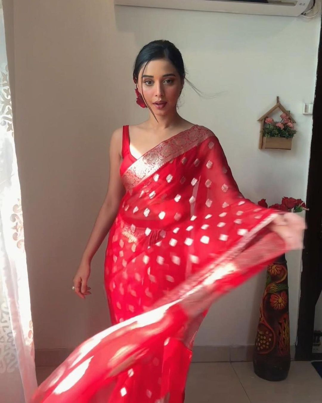 Scarlet Red Banarasi Saree with Zari Buttas and Floral Border