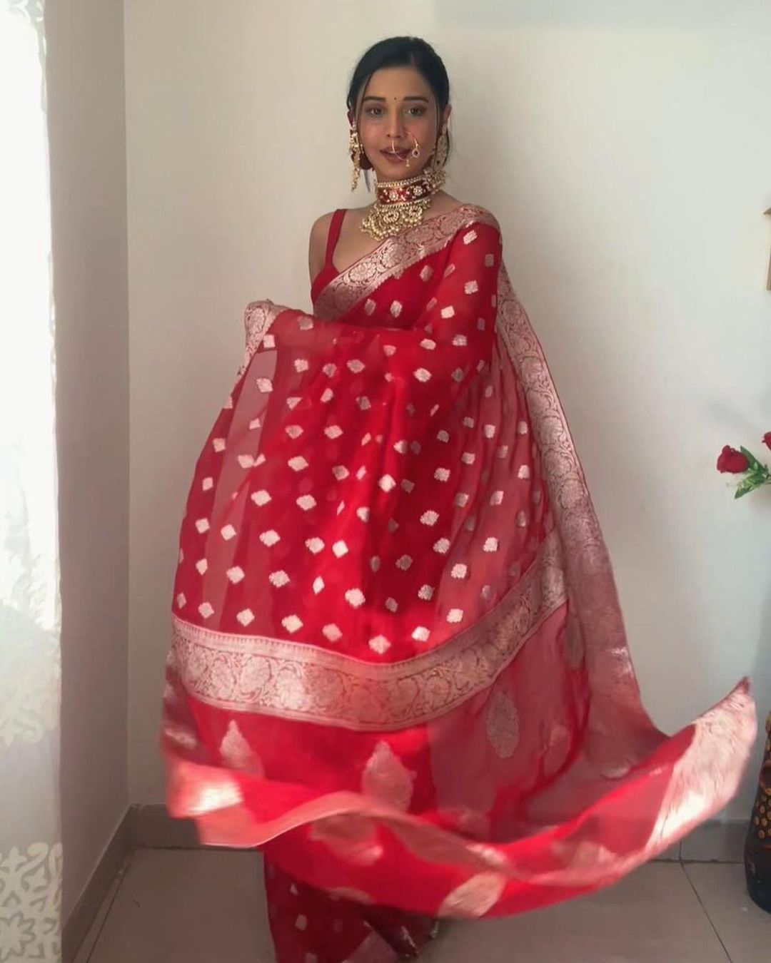 Scarlet Red Banarasi Saree with Zari Buttas and Floral Border