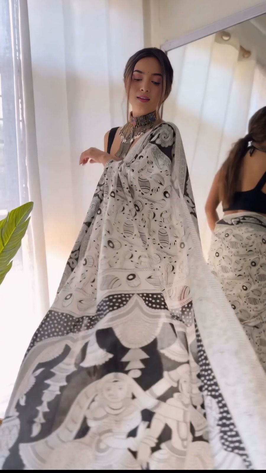 Tribal Sketch Cotton Saree in Black & White