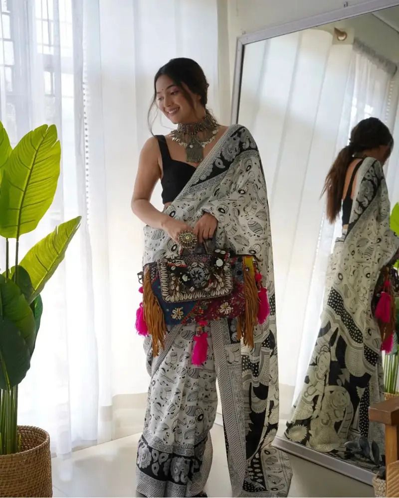 Tribal Sketch Cotton Saree in Black & White