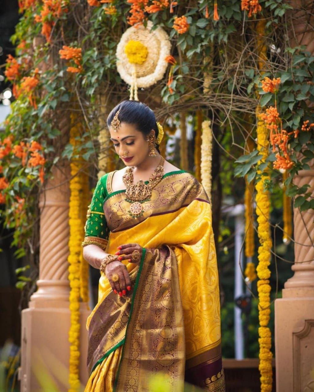 Yellow Bridal Kanchipuram Silk Saree with Brown Zari Pallu