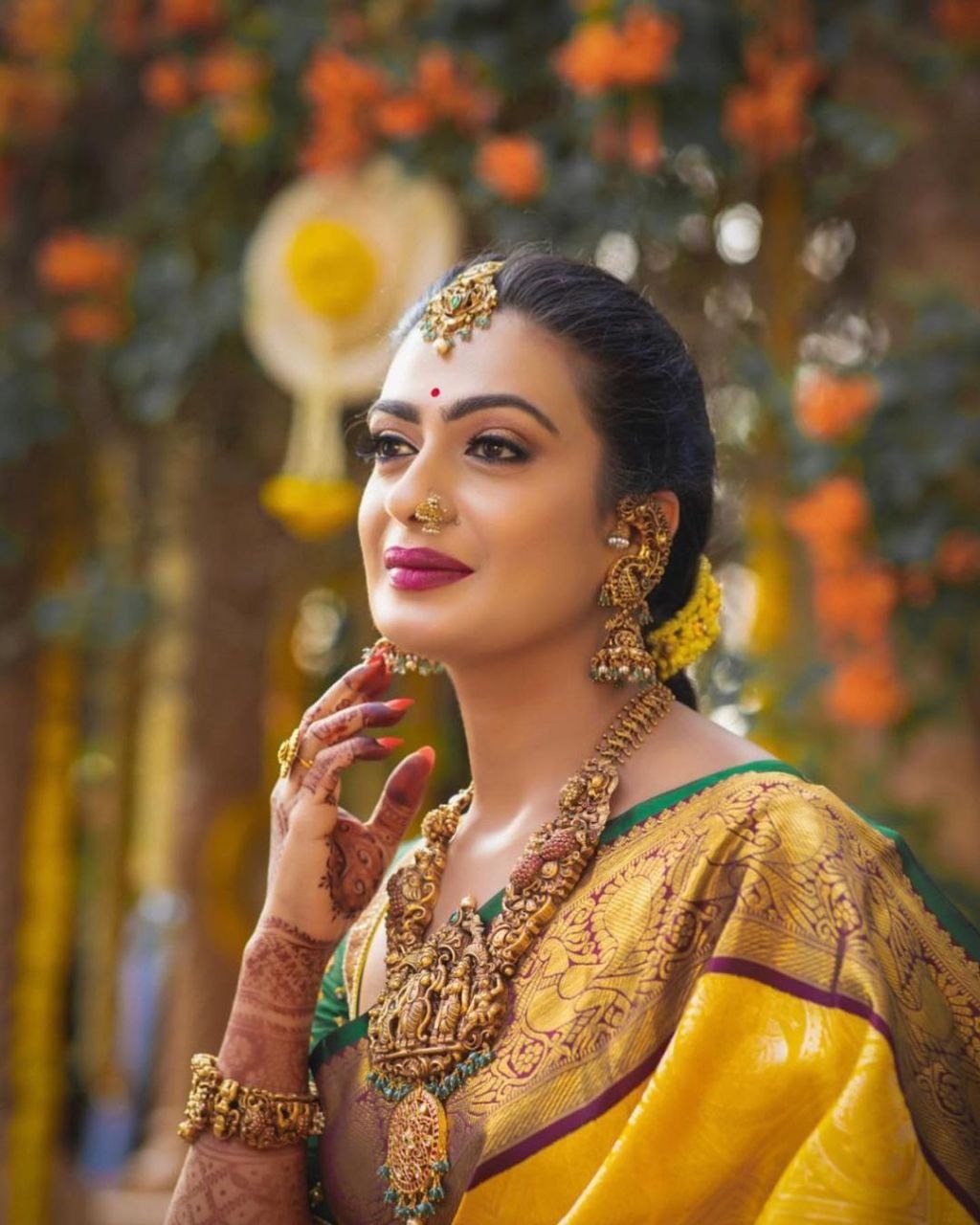 Yellow Bridal Kanchipuram Silk Saree with Brown Zari Pallu