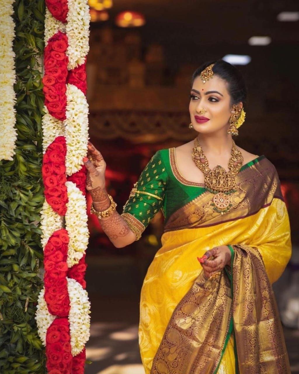 Yellow Bridal Kanchipuram Silk Saree with Brown Zari Pallu