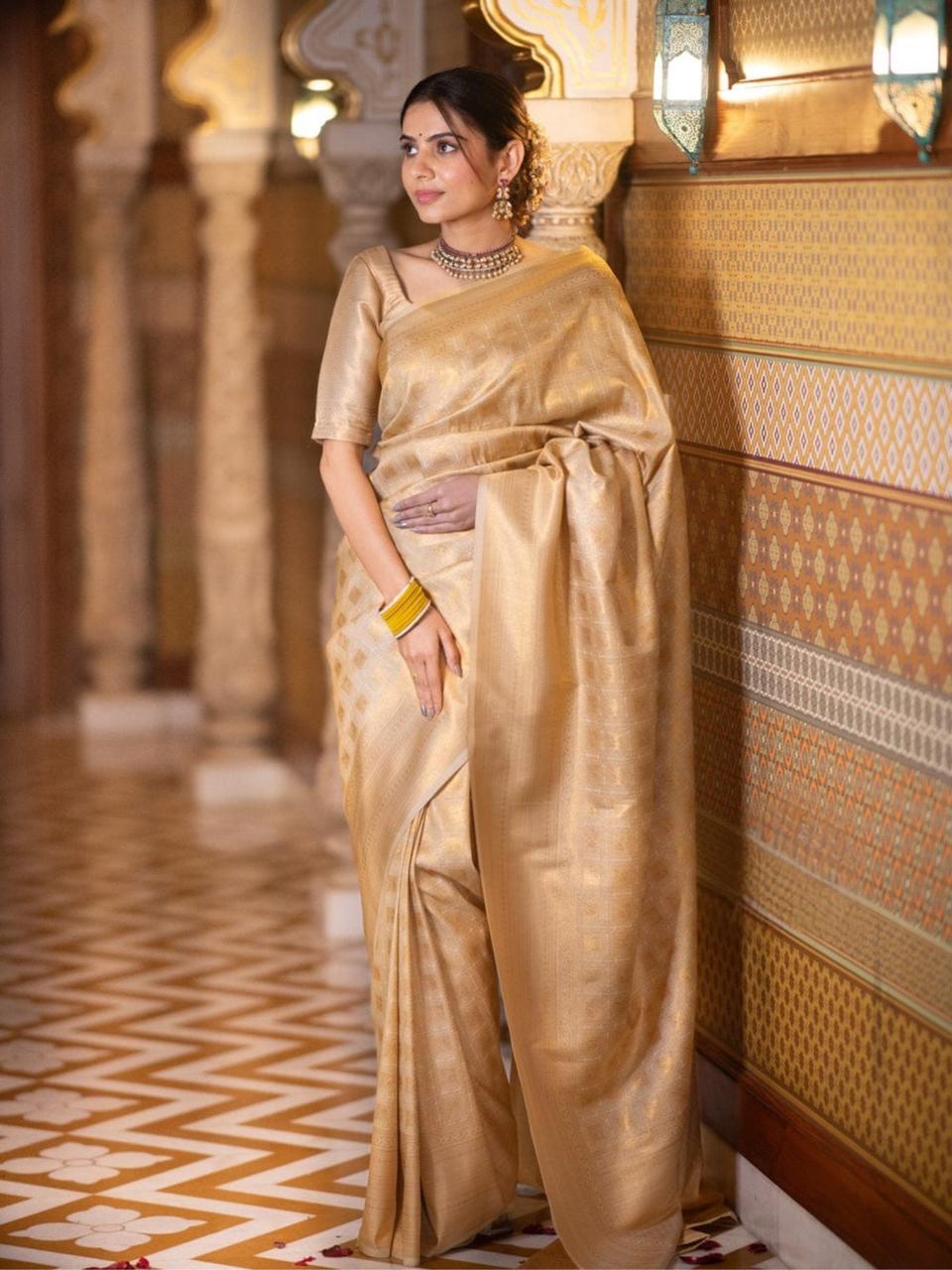 Banarasi Crimson Beige Silk Saree with Gold Zari Weave