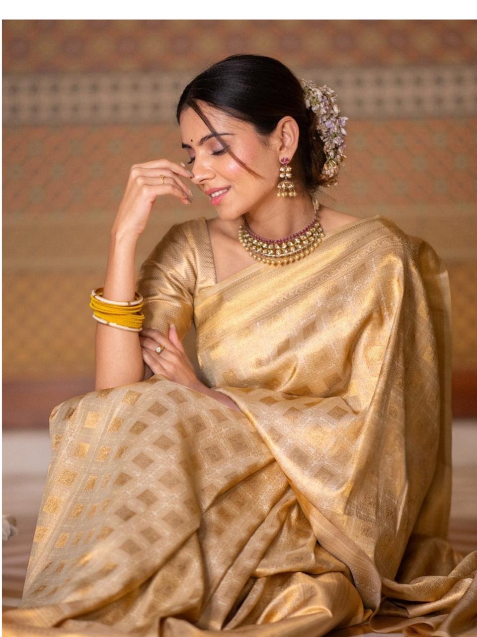 Banarasi Crimson Beige Silk Saree with Gold Zari Weave
