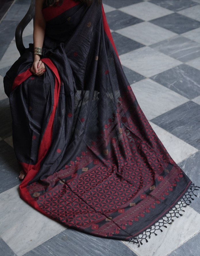 Charcoal Black Cotton Saree with Maroon Border & Subtle Motifs
