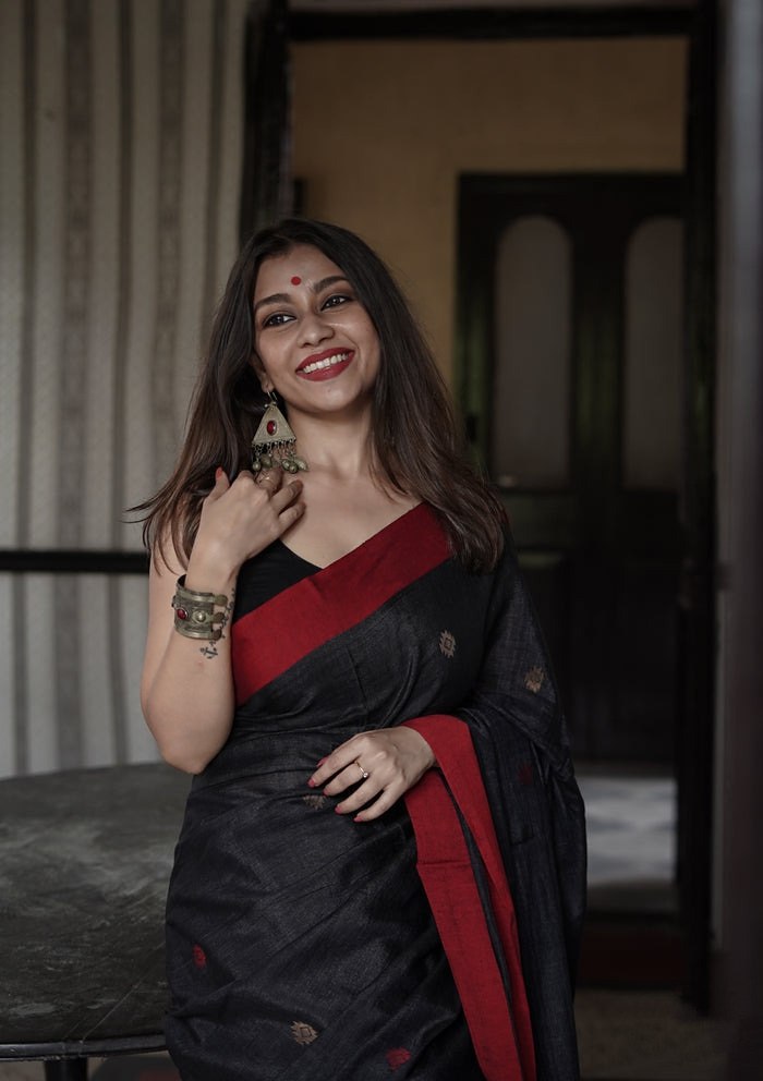 Charcoal Black Cotton Saree with Maroon Border & Subtle Motifs