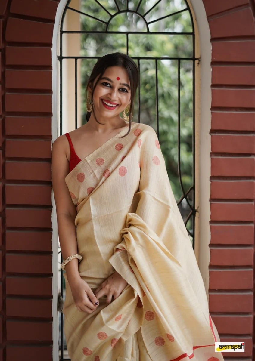 Cream Beige Cotton Saree with Red Polka Woven Accents