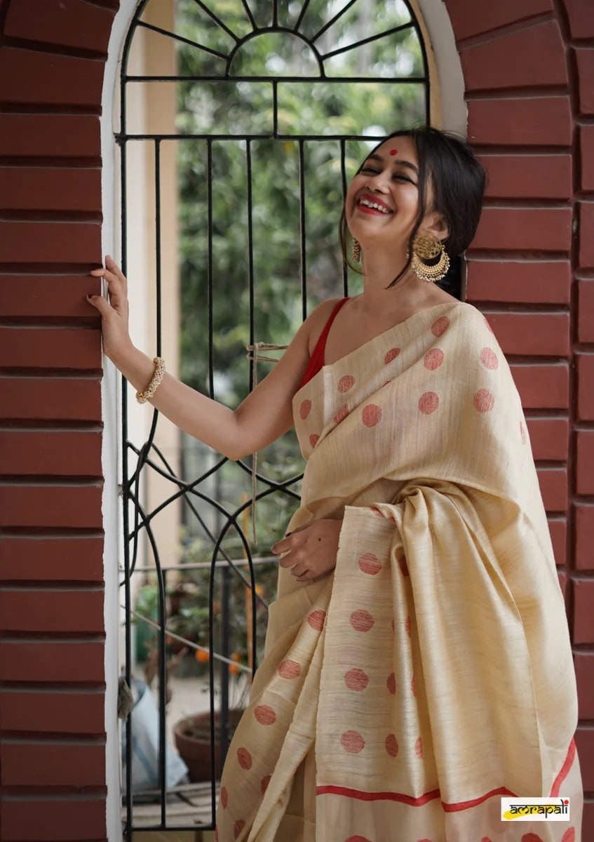 Cream Beige Cotton Saree with Red Polka Woven Accents