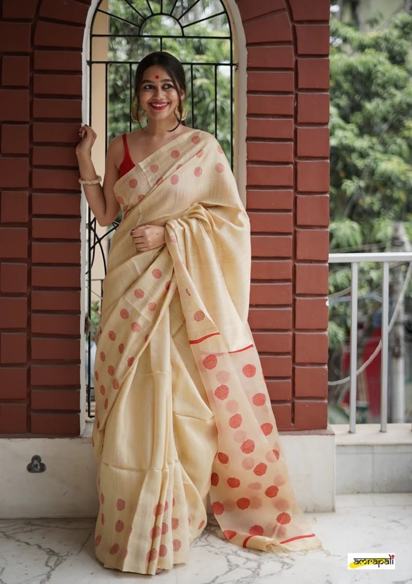 Cream Beige Cotton Saree with Red Polka Woven Accents