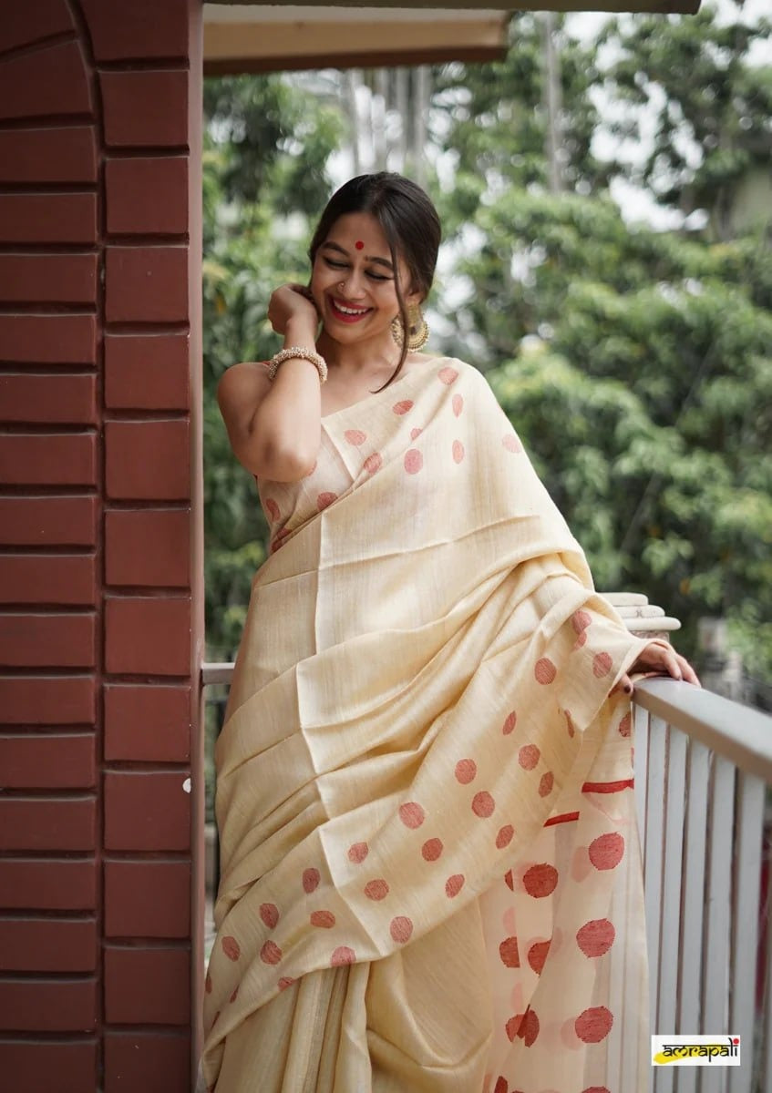 Cream Beige Cotton Saree with Red Polka Woven Accents