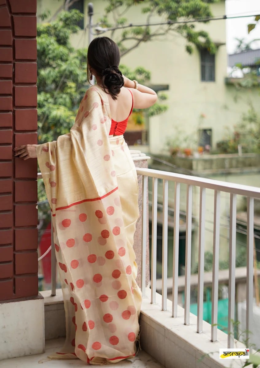 Cream Beige Cotton Saree with Red Polka Woven Accents