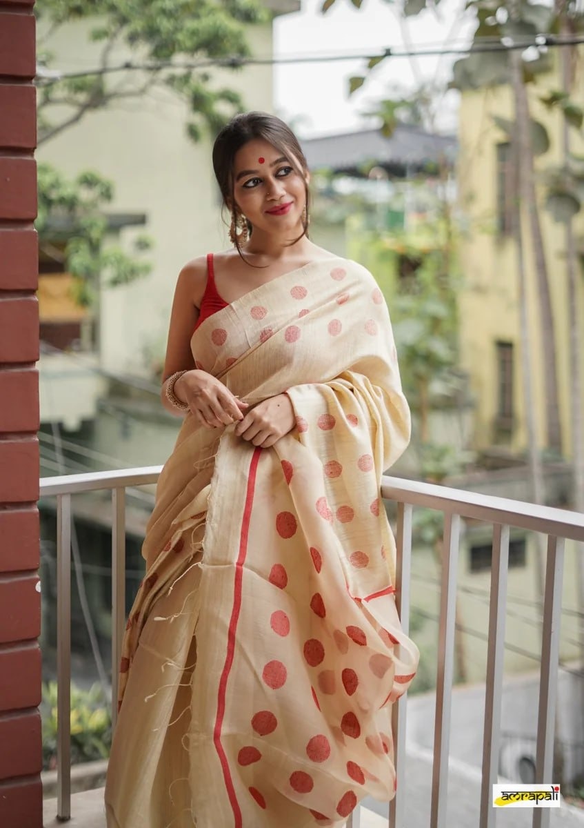 Cream Beige Cotton Saree with Red Polka Woven Accents