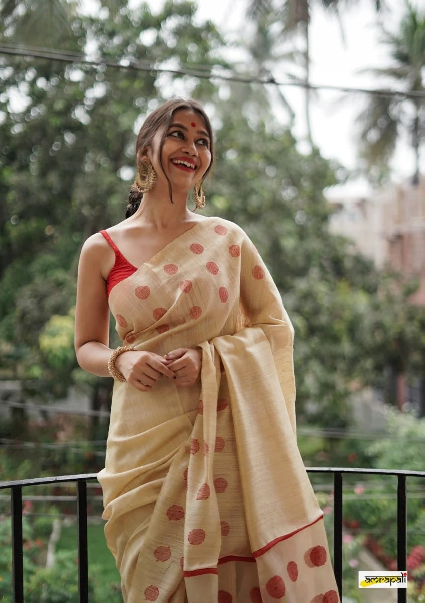 Cream Beige Cotton Saree with Red Polka Woven Accents