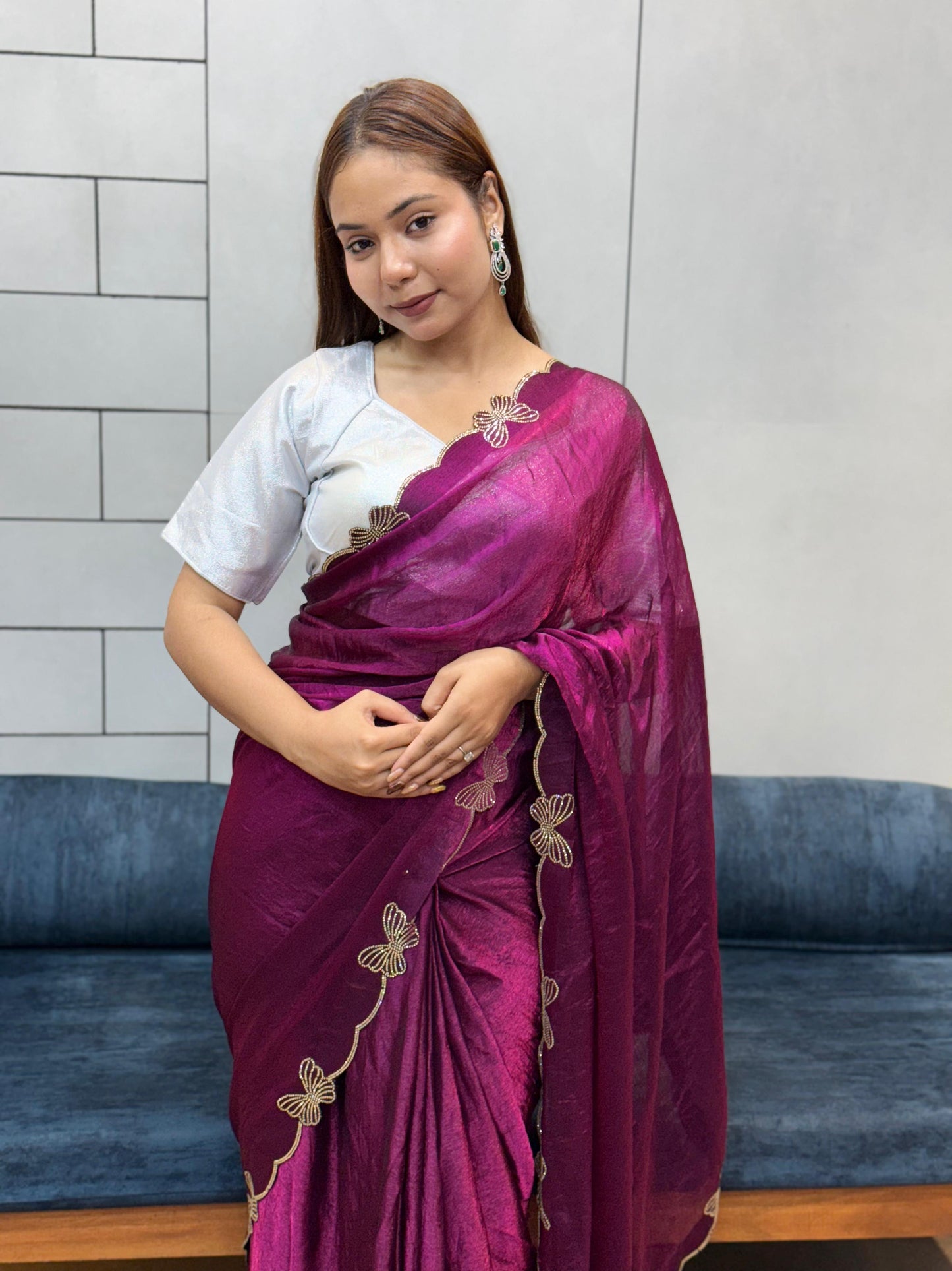 Aarvi Wine Purple Floral Embroidered Saree