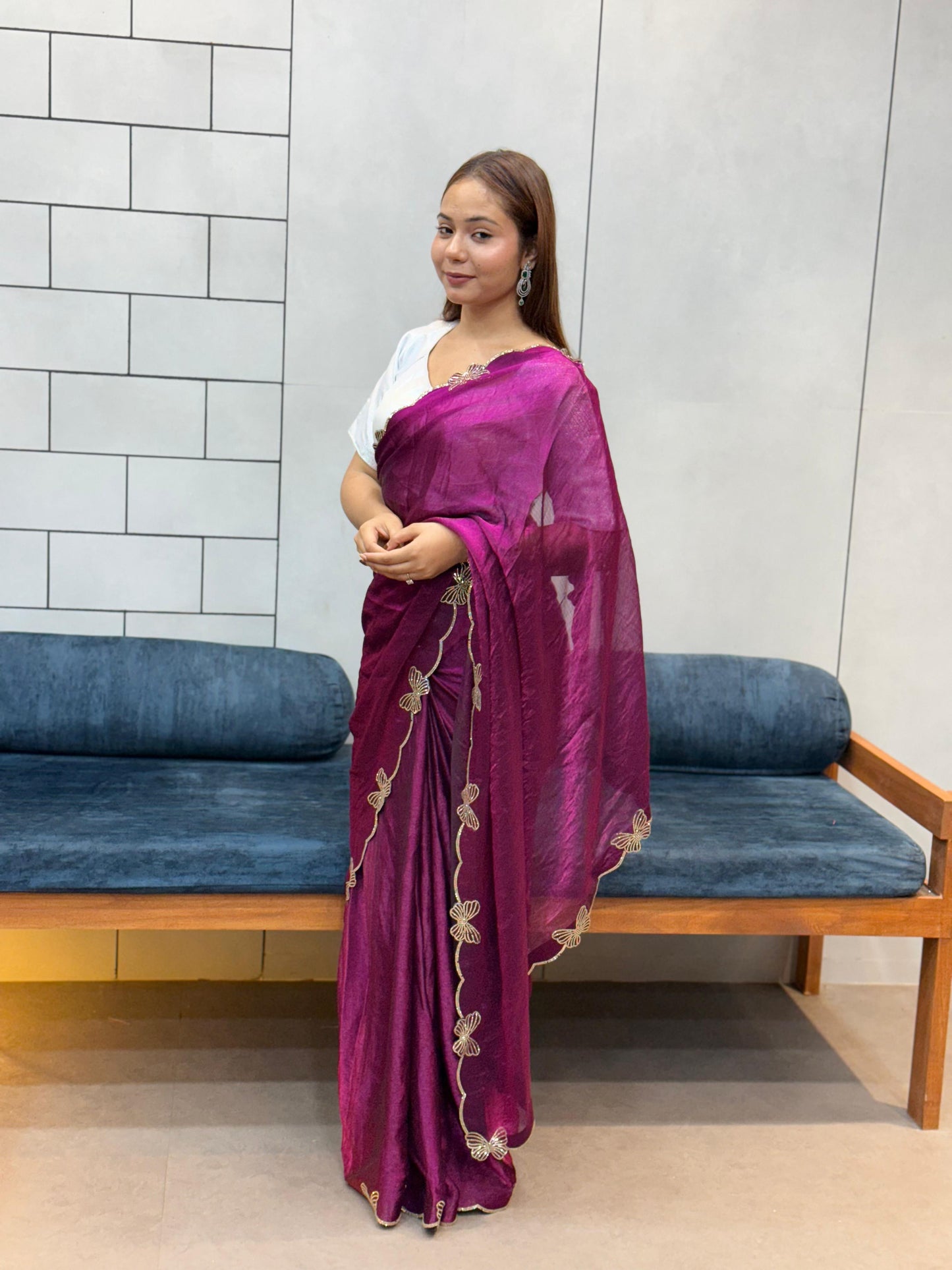 Aarvi Wine Purple Floral Embroidered Saree