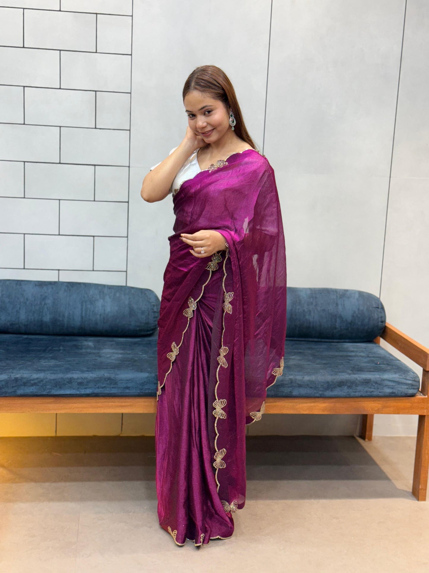 Aarvi Wine Purple Floral Embroidered Saree