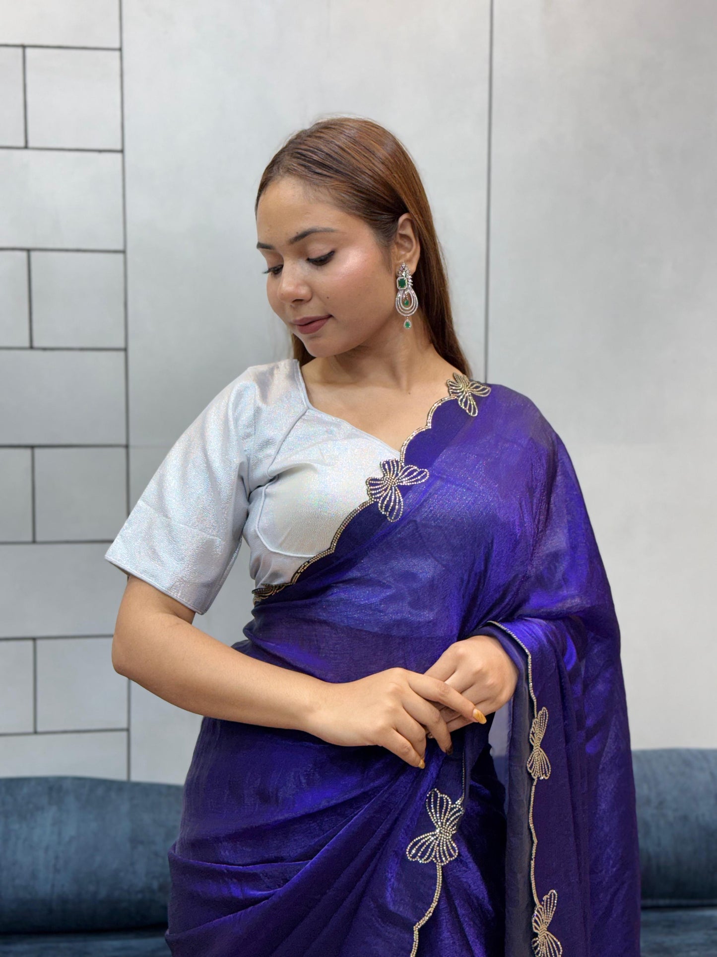 Aarvi Navy Blue Floral Embroidered Saree