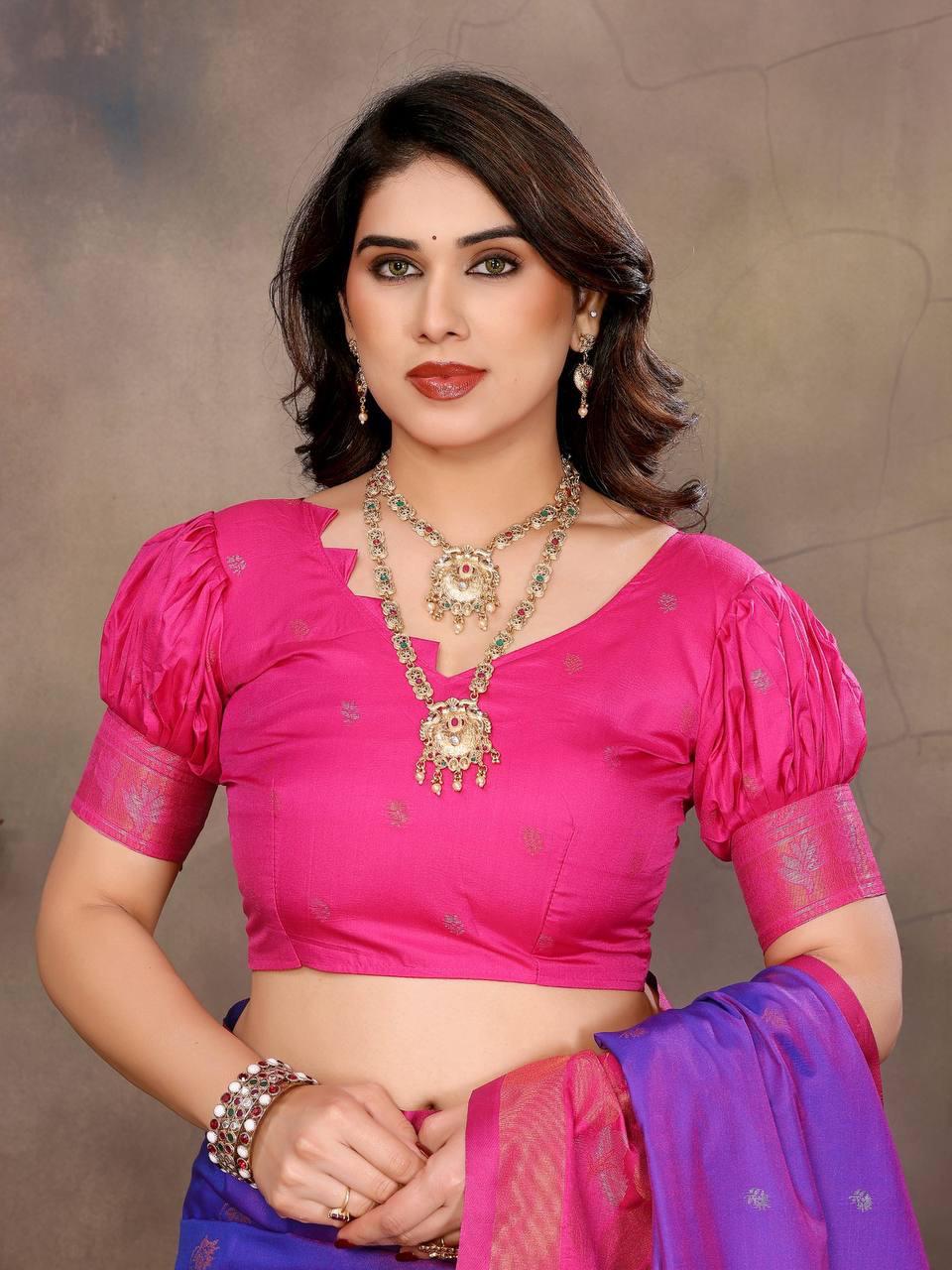 Sharvika Pink & Purple Banarasi Leaf Woven Silk Saree