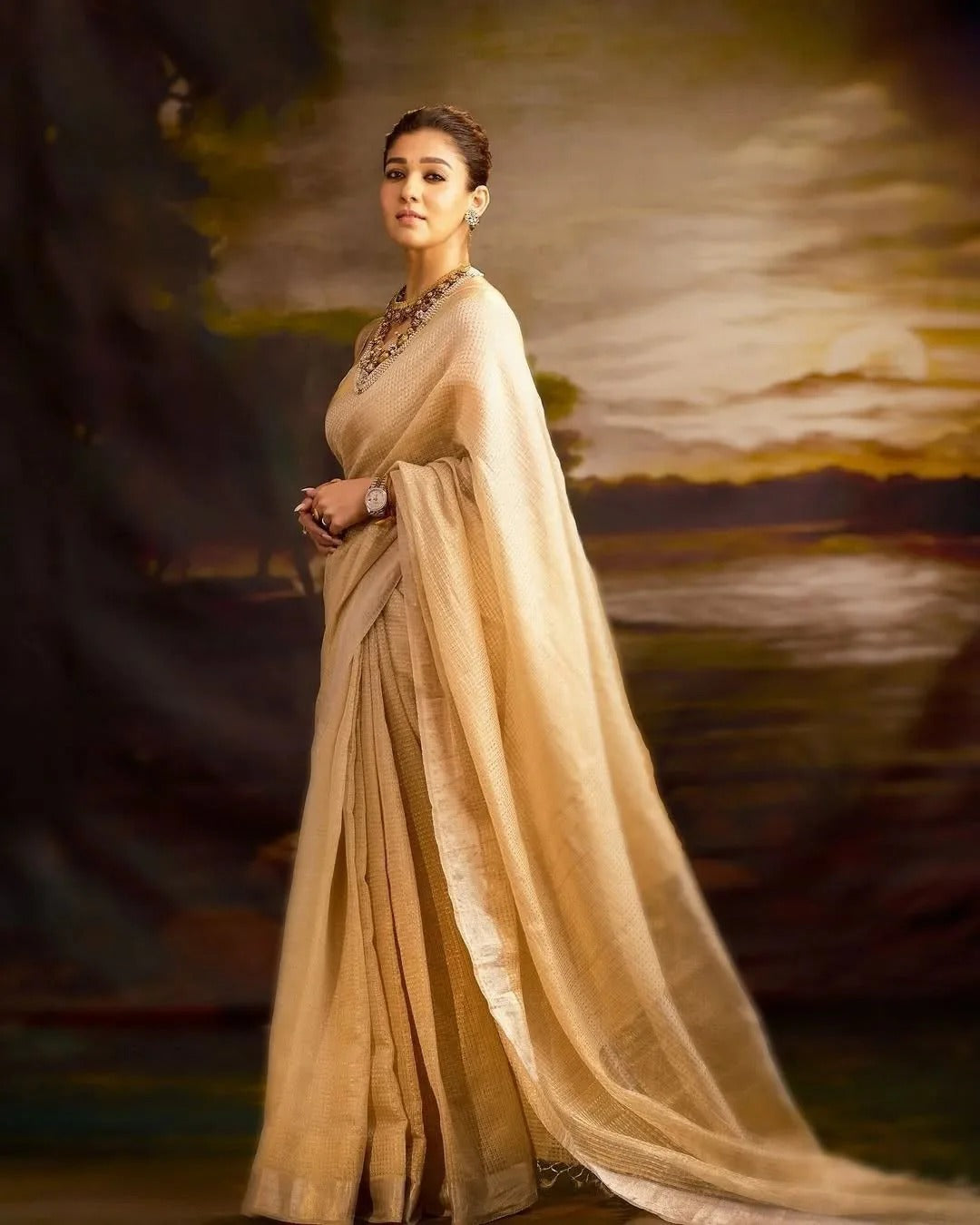 Manorama - Beige Tissue Silk Saree with Jacquard Weaving