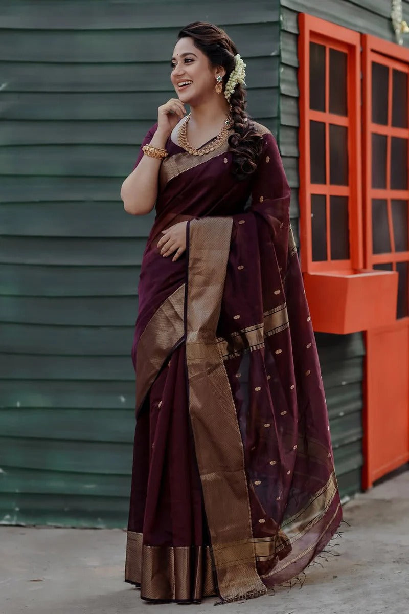 Bhavna - Wine Pure Linen Silk Saree with Jacquard Weaving