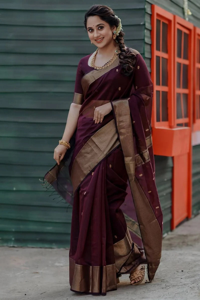 Bhavna - Wine Pure Linen Silk Saree with Jacquard Weaving