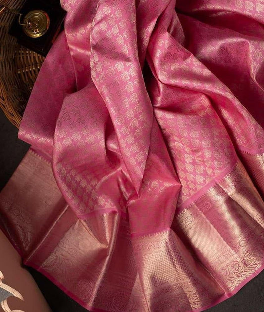 Samika - Pink Soft Silk Saree with Floral Jacquard Zari Border and Blouse Piece
