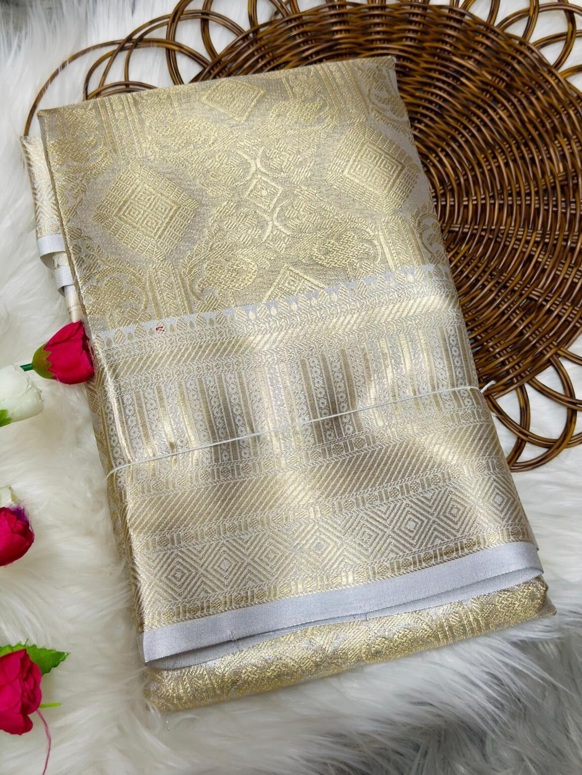 Janaki – Silver Tissue Silk Saree with Jacquard Weaving Elegance