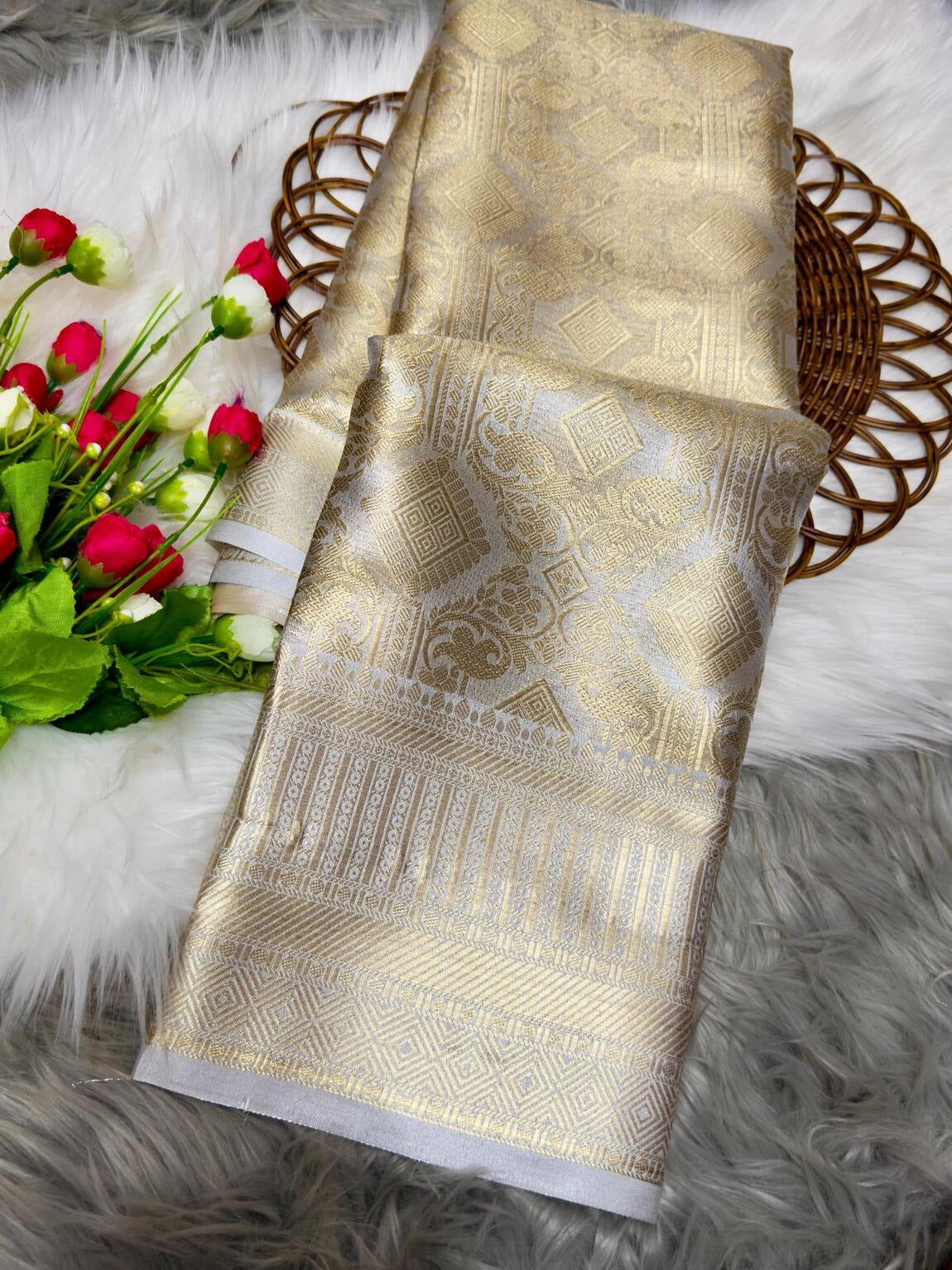 Janaki – Silver Tissue Silk Saree with Jacquard Weaving Elegance