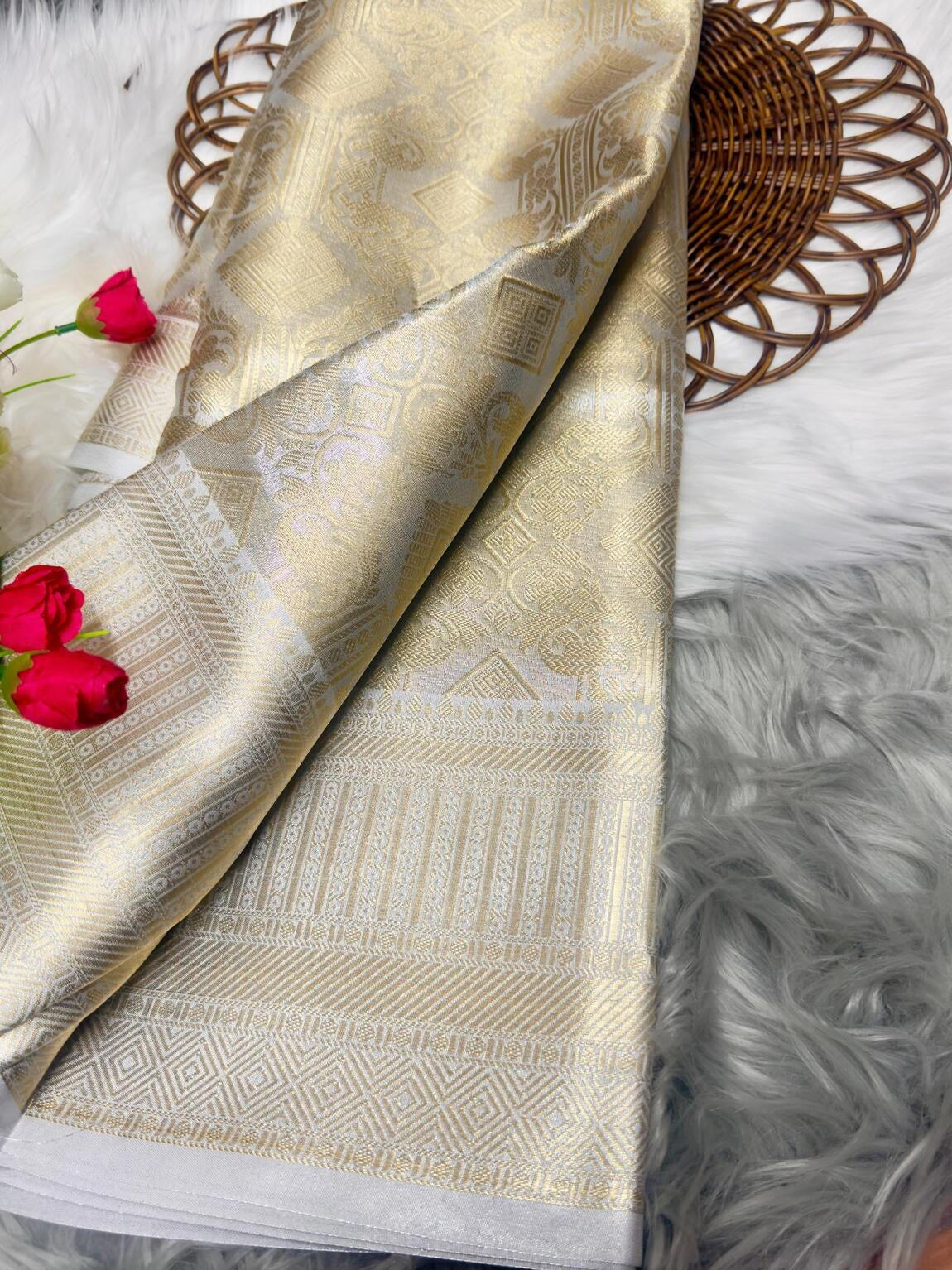 Janaki – Silver Tissue Silk Saree with Jacquard Weaving Elegance