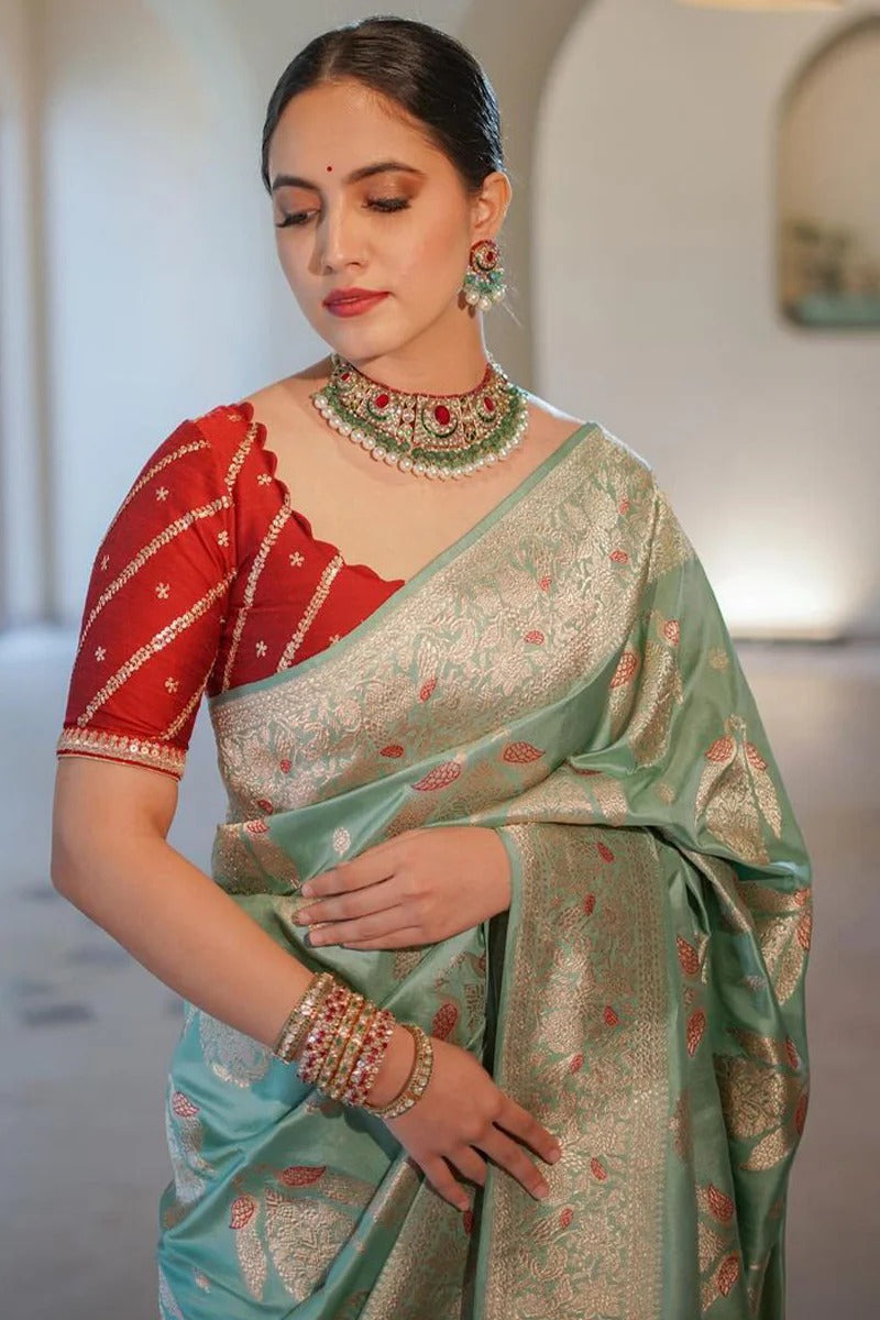 Saanvika – Sea Green Soft Silk Saree with Jacquard Weaving & Rich Red Blouse