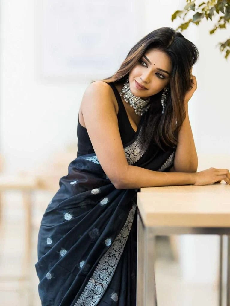 Samaira - Black Soft Silk Saree with Subtle Jacquard and Matching Blouse