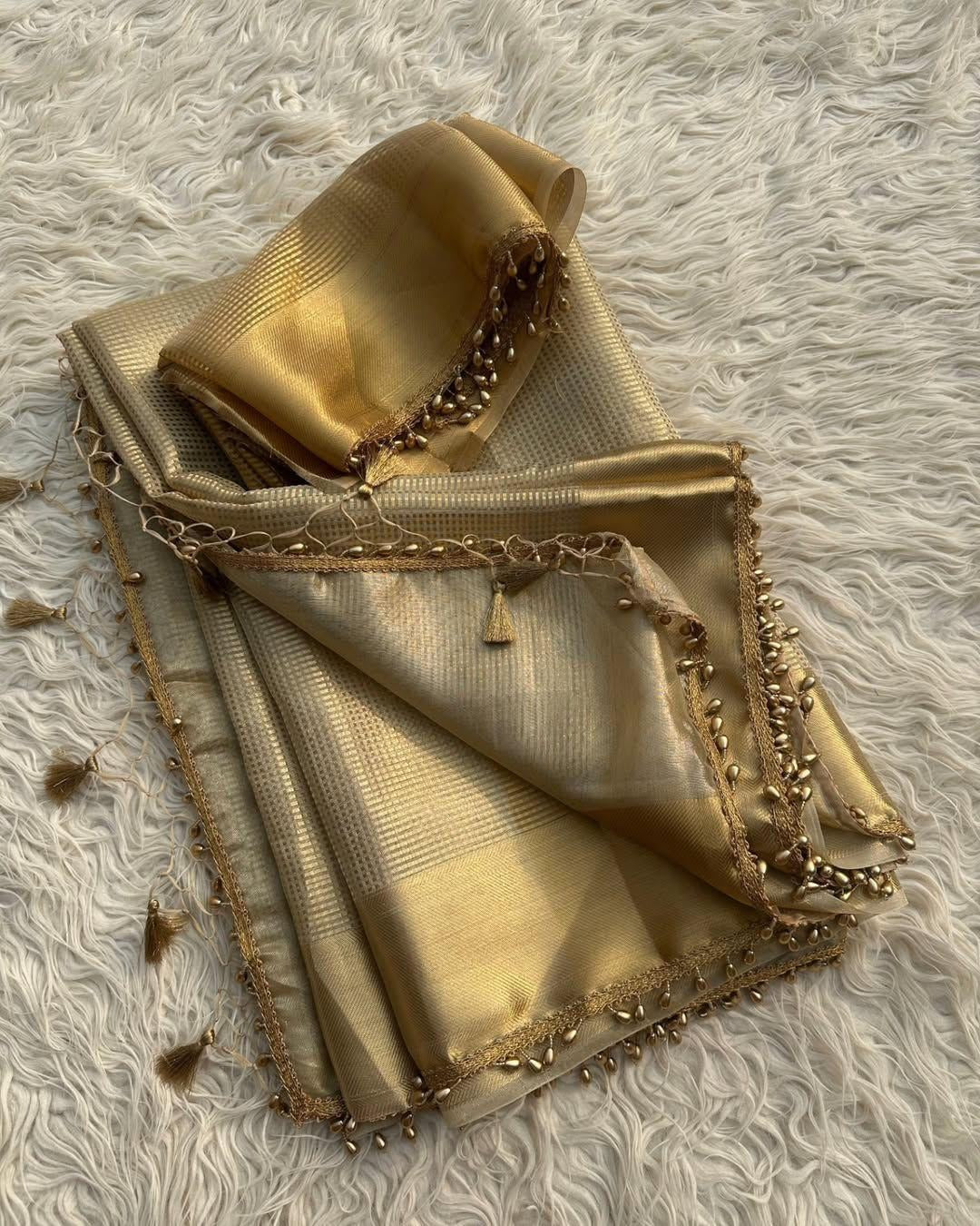 Savitri – Golden Tissue Silk Saree with Zari Weaving and Lace Work
