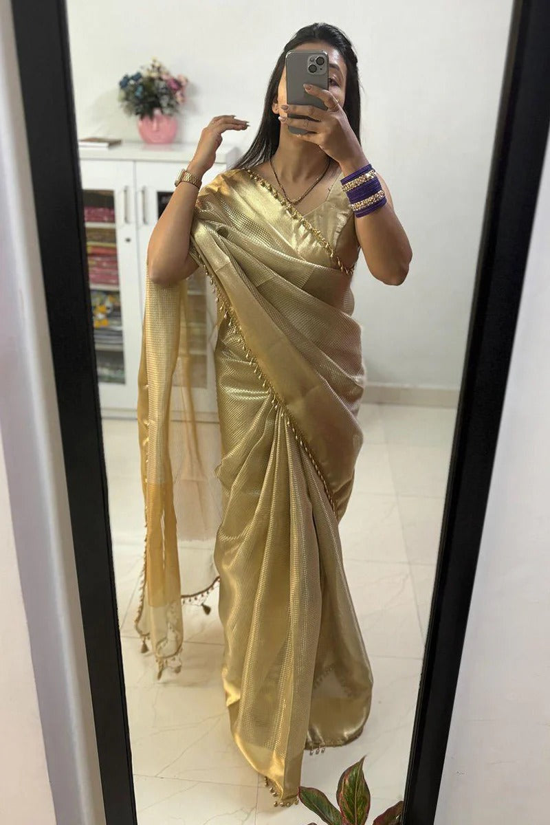 Savitri – Golden Tissue Silk Saree with Zari Weaving and Lace Work