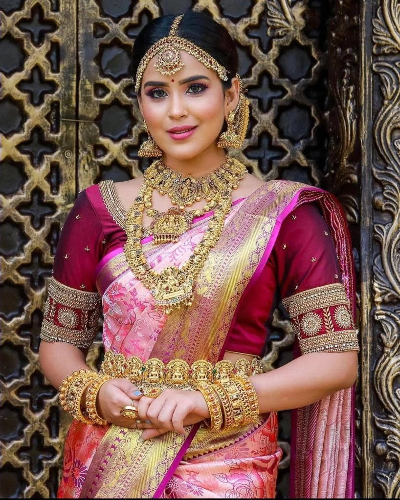 Ishvika - Pink Banarasi Silk Saree with Antique Gold Border and Dark Pink Blouse