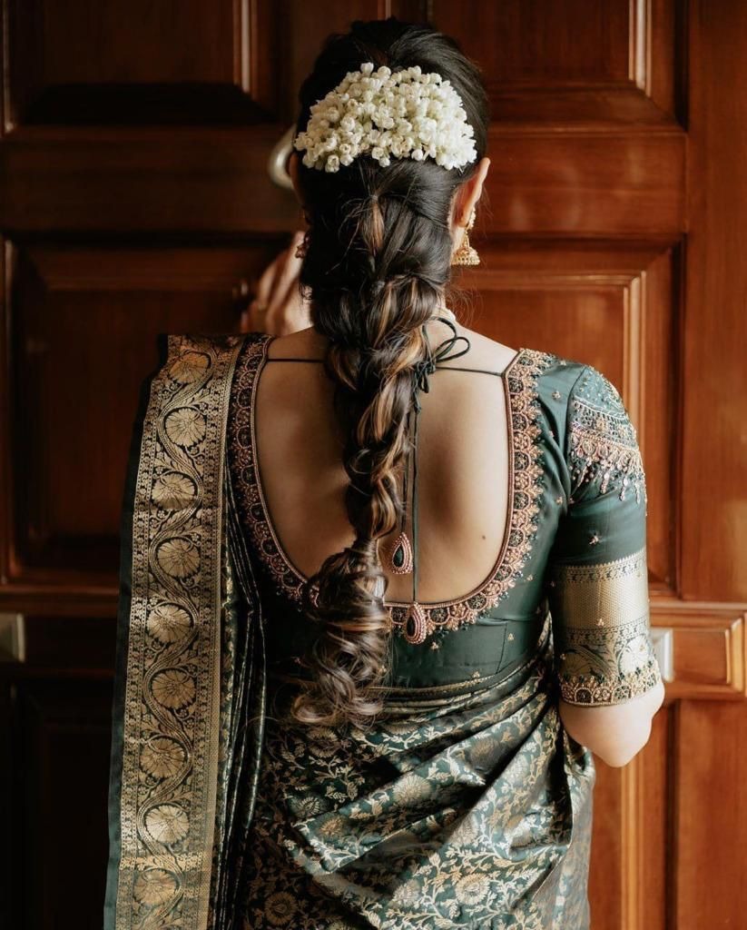 Nivriti - Dark Green Soft Silk Saree with Gold Jacquard Border and Matching Blouse