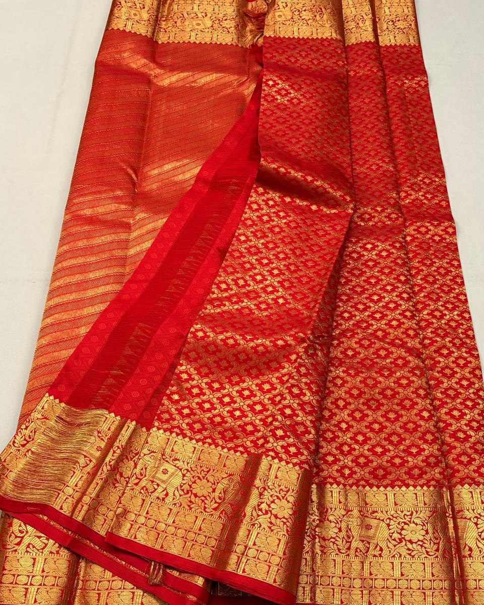 Bhairavi – Temple Red Banarasi Soft Silk Saree with Elephant Zari Border & Paisley Pallu