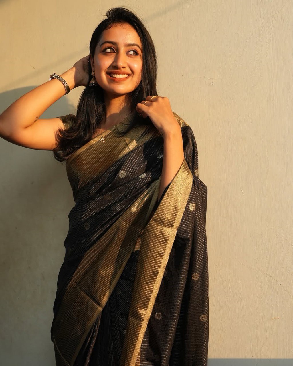 Lalima - Black Cotton Silk Saree with Zari Dot Weave and Gold Border