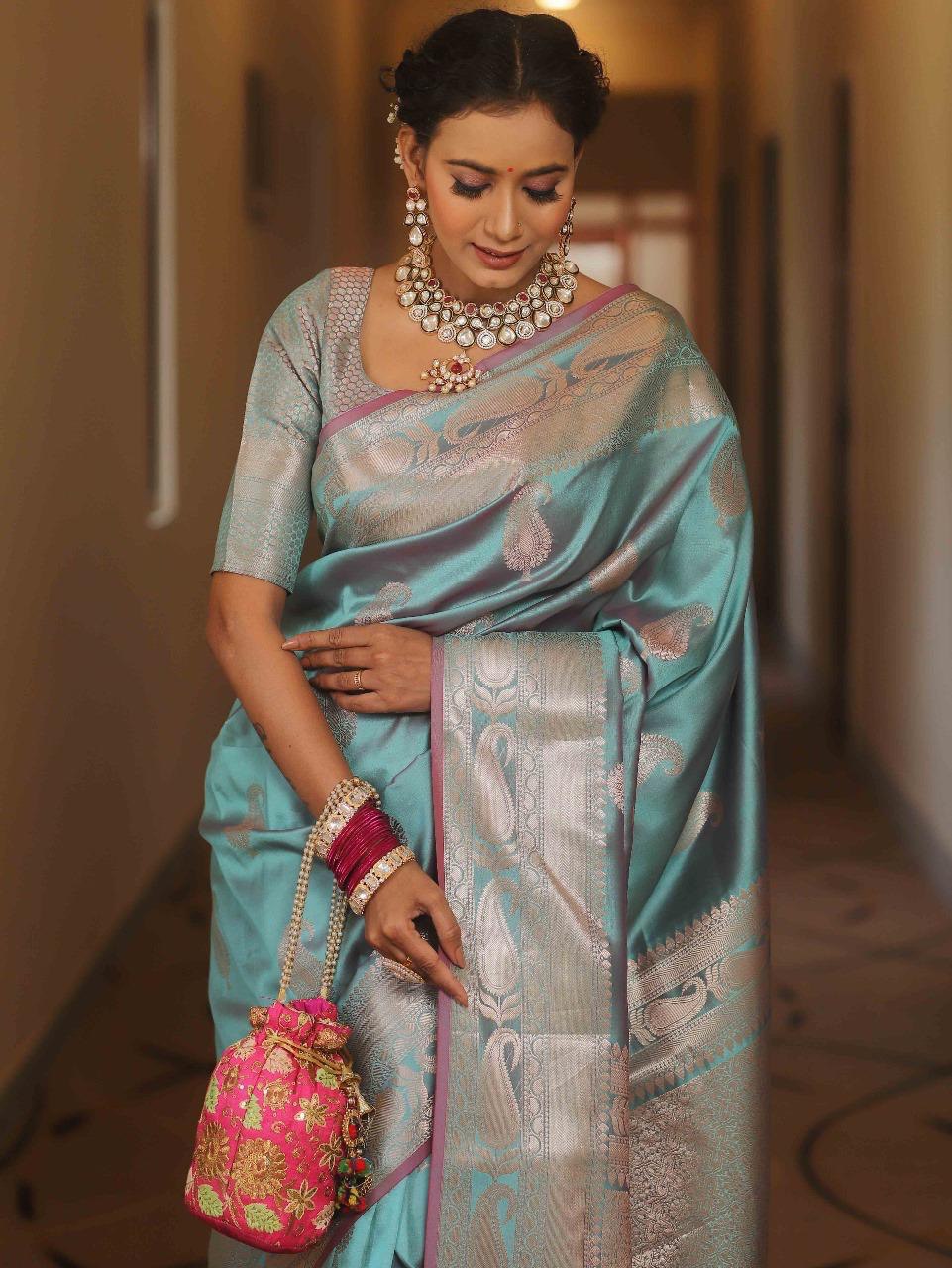 Vijayalakshmi - Kanjivaram Silk Saree with Gold Paisley Zari Border