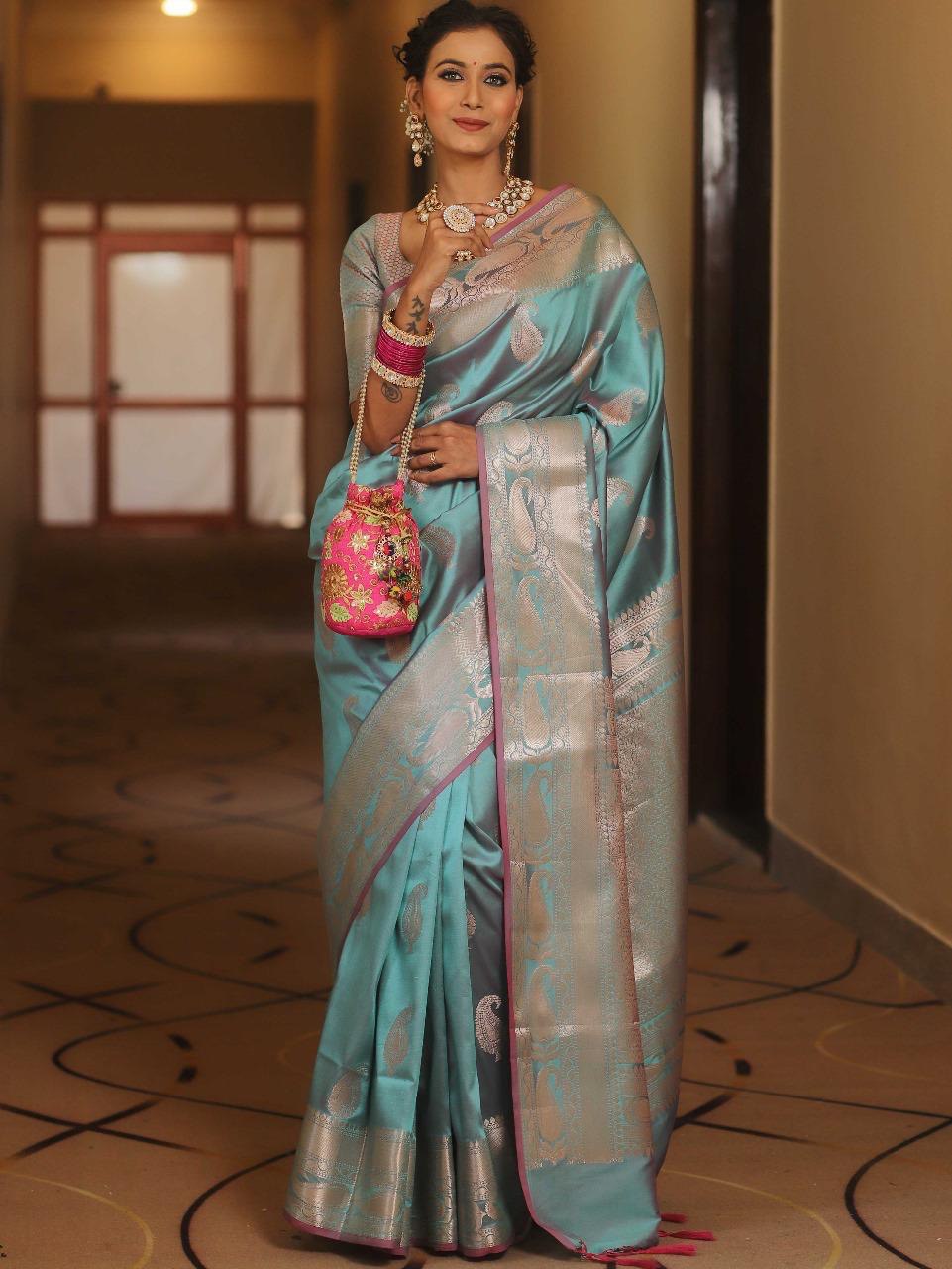 Vijayalakshmi - Kanjivaram Silk Saree with Gold Paisley Zari Border