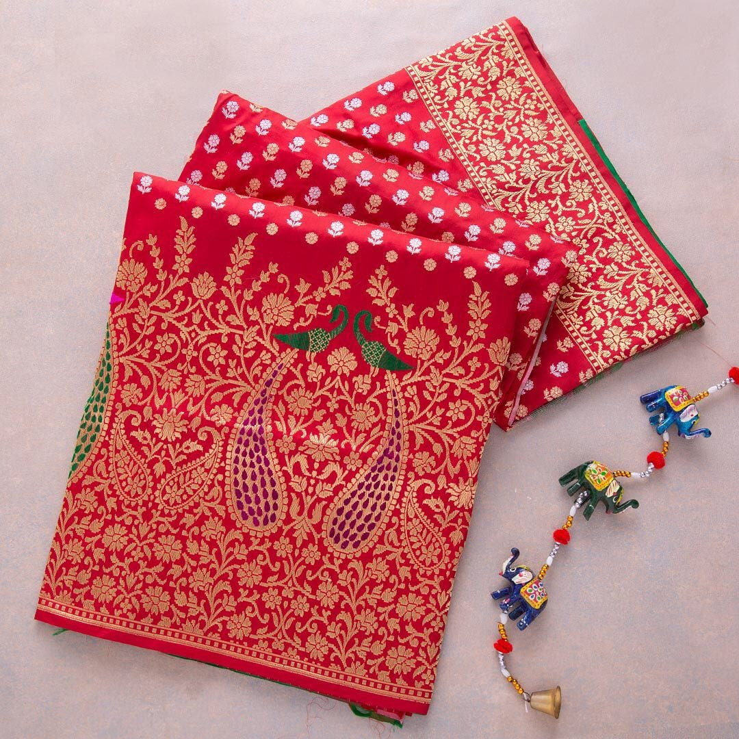 Kaveri – Red Banarasi Silk Saree with Heavy Embroidered Green Blouse