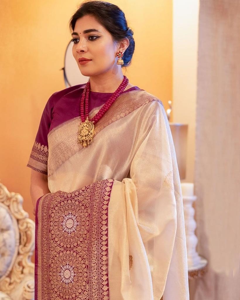 Bhagyam – Beige Soft Banarasi Silk Saree with Wine Jacquard Pallu