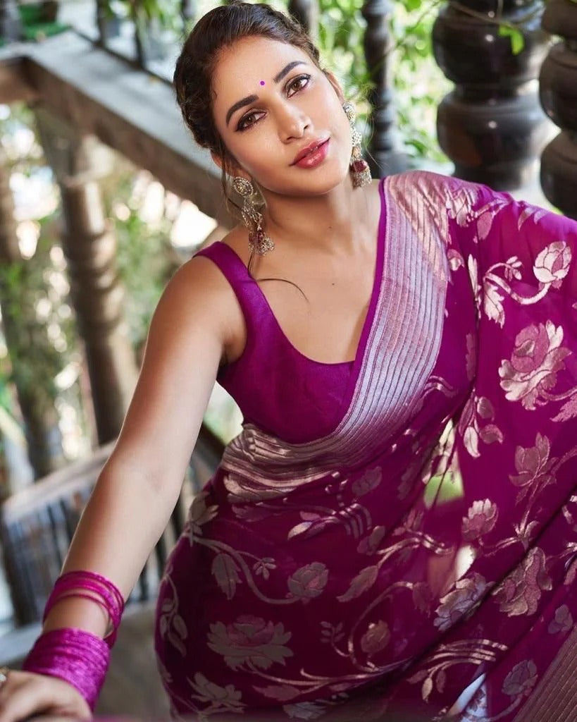 Sitara - Purple Banarasi Silk Saree with Jacquard Weave and Matching Blouse