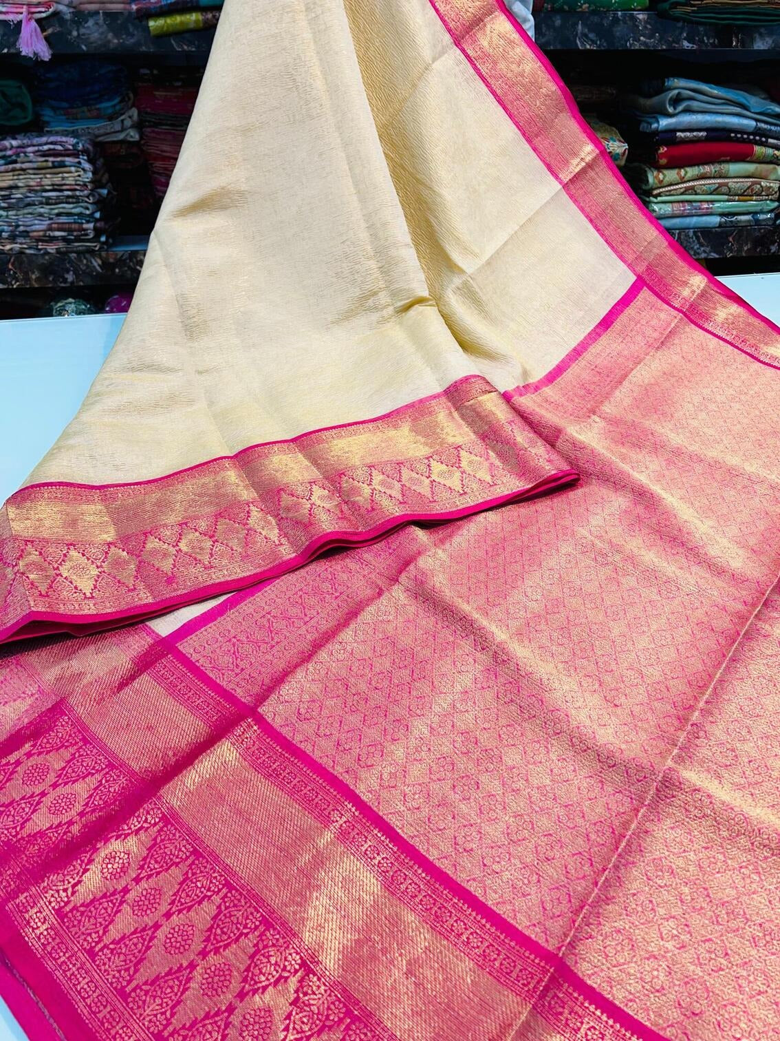 Devanshi - Beige Tissue Silk Saree with Jacquard Weaving Border