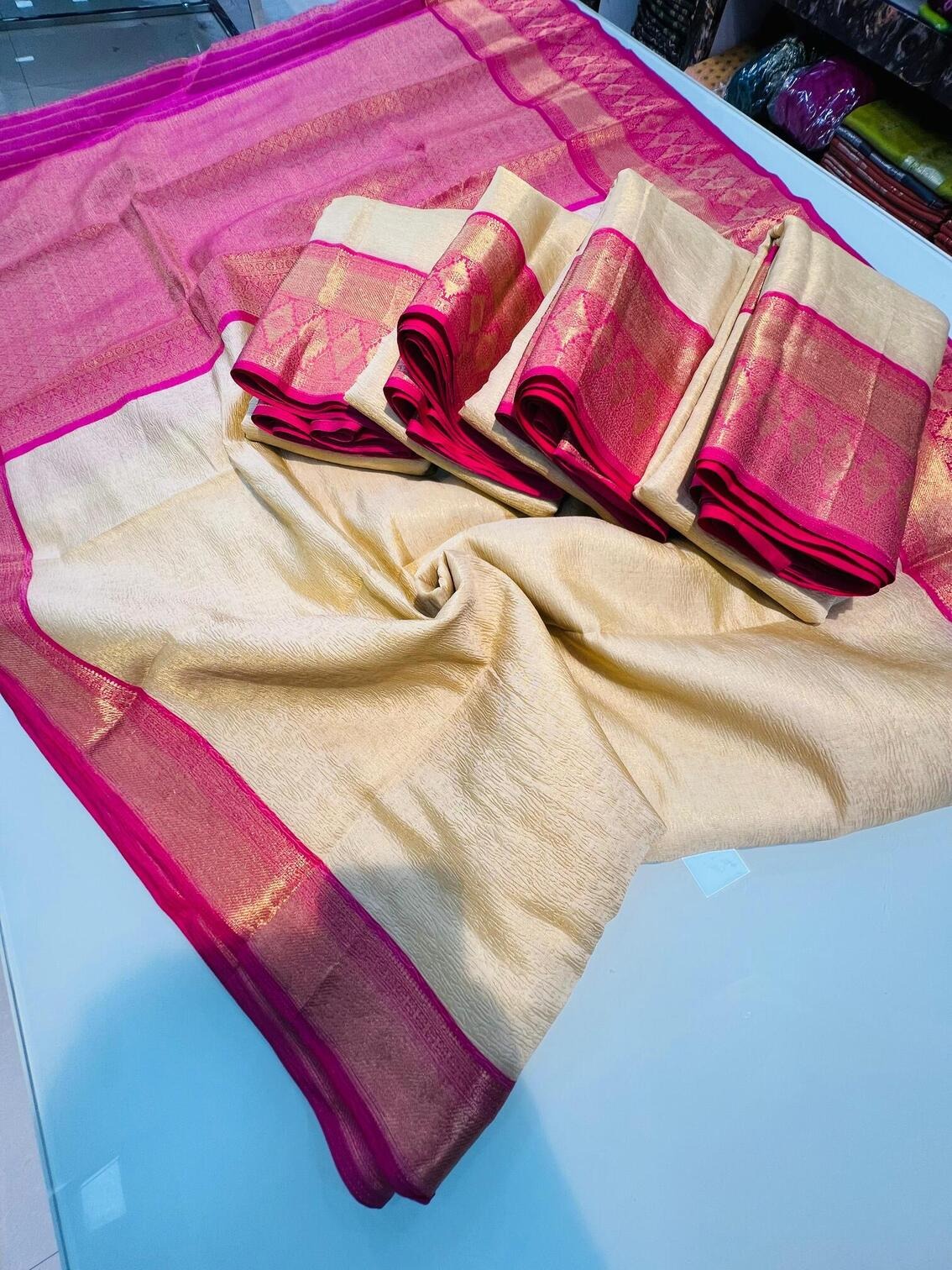 Devanshi - Beige Tissue Silk Saree with Jacquard Weaving Border