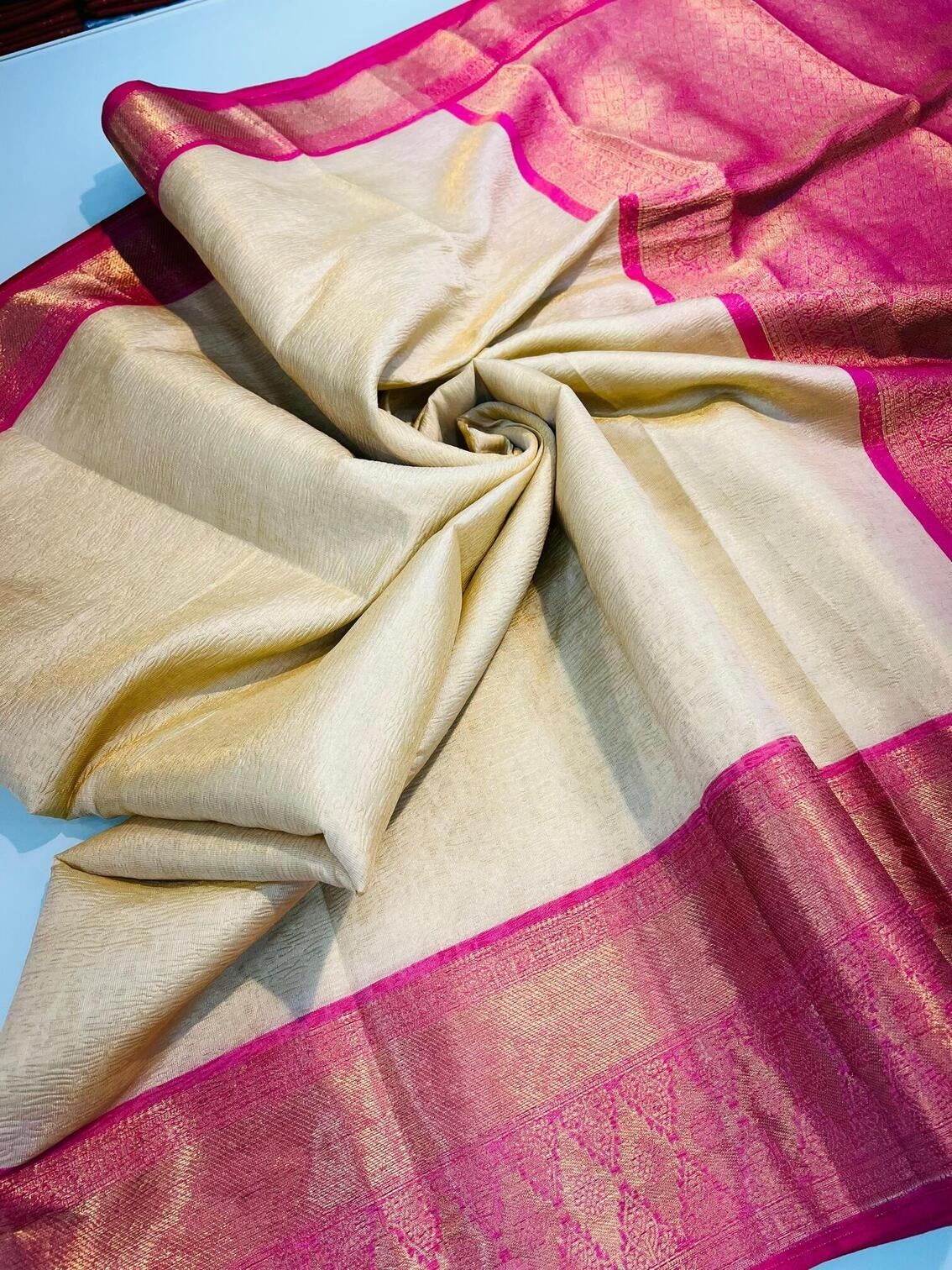 Devanshi - Beige Tissue Silk Saree with Jacquard Weaving Border