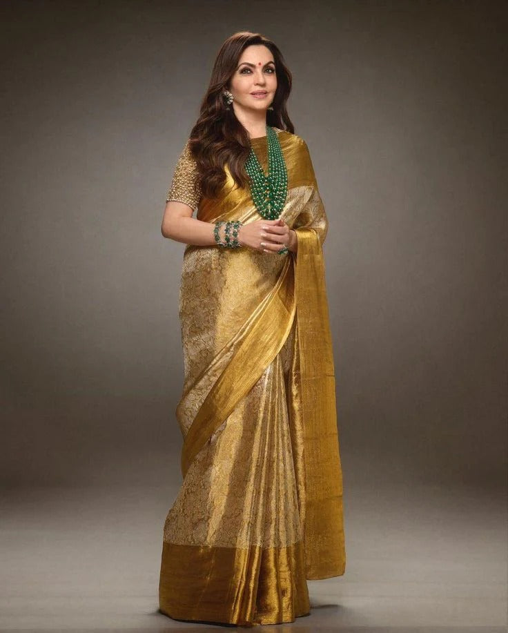 Sulochana – Golden Tissue Silk Saree with Jacquard Weaving Elegance