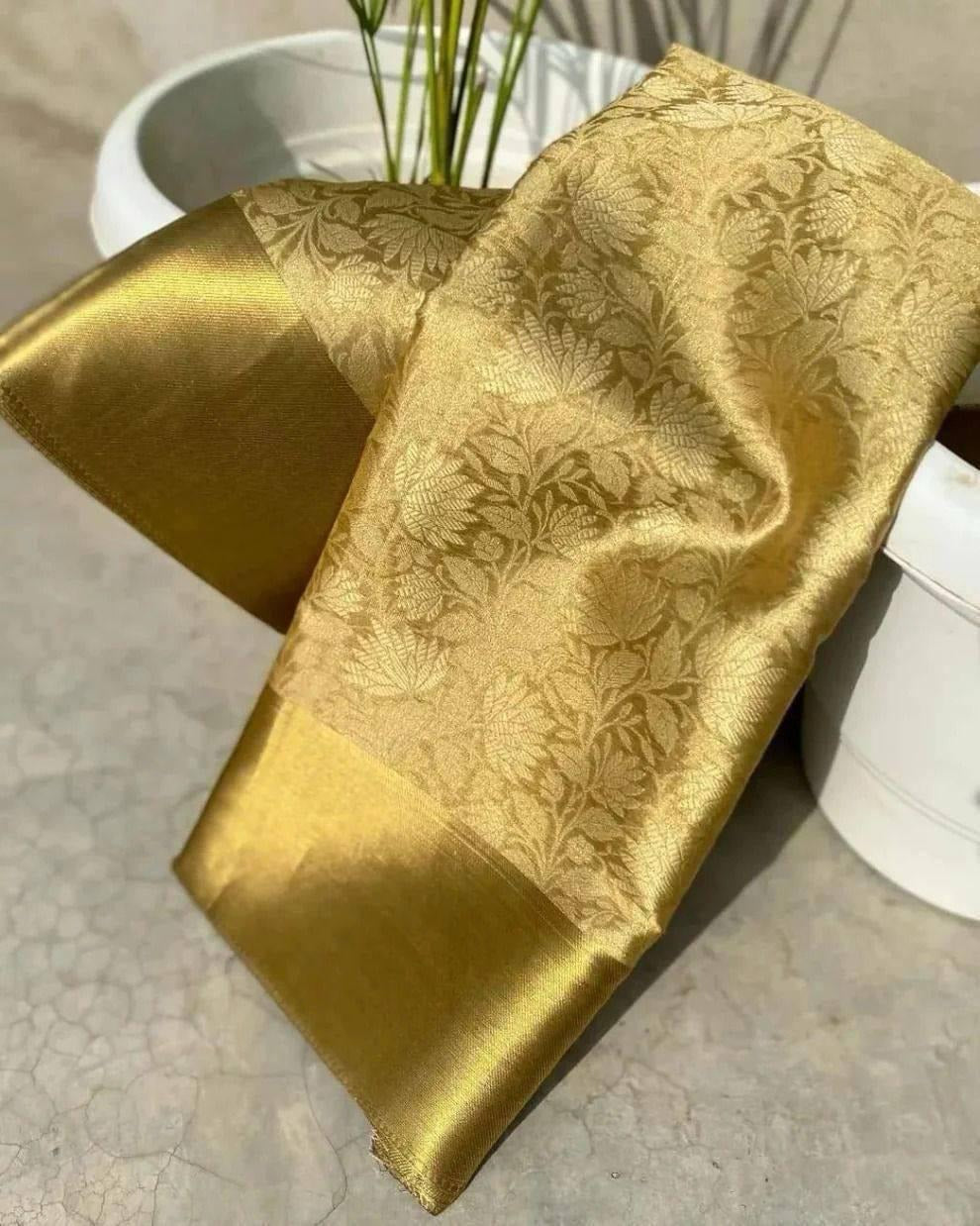 Sulochana – Golden Tissue Silk Saree with Jacquard Weaving Elegance