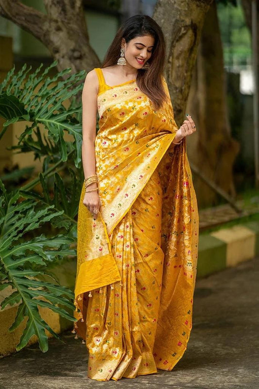 Prachi - Yellow Soft Silk Saree with Jacquard Weaving